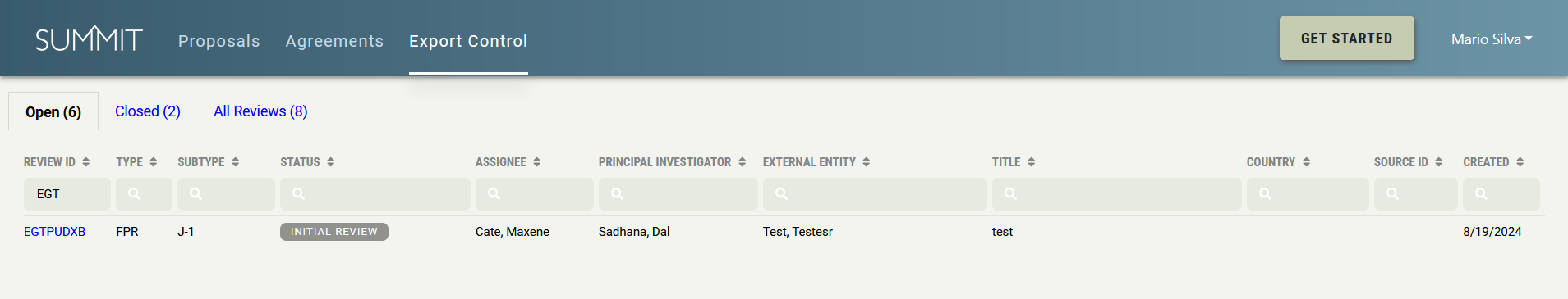 Export Control Summary View Screen