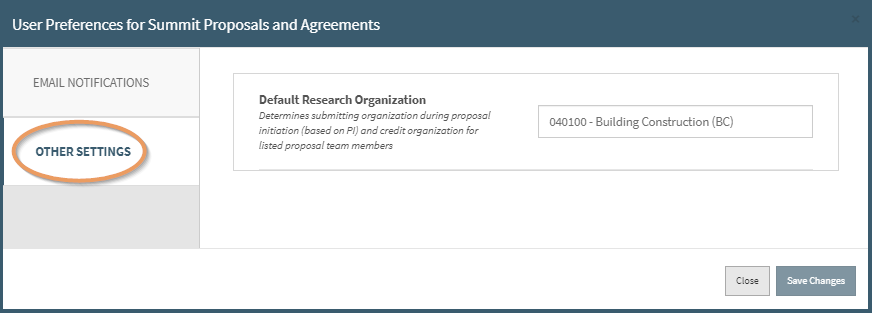 Manage Preferences for Default Research Organization